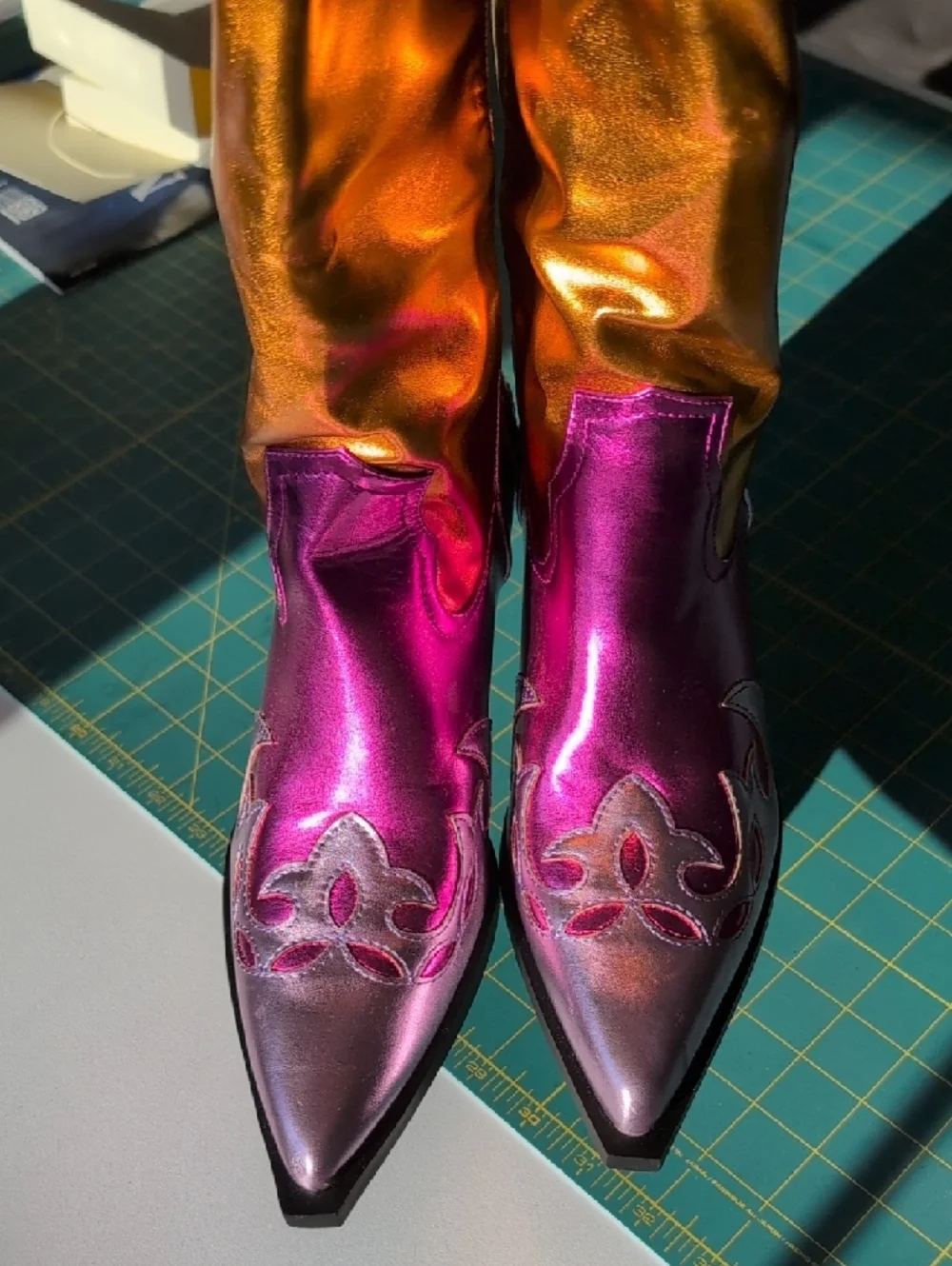 Metallic Pink and Orange Over-the-Knee Western Boots - Picture 3 of 7